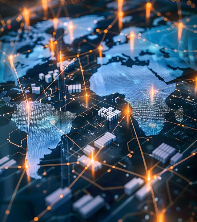 Global Logistics Network Map with Glowing Lines Connecting Warehouses Across Continents Symbolizing the Intricate Web of International Trade and Supply Chains