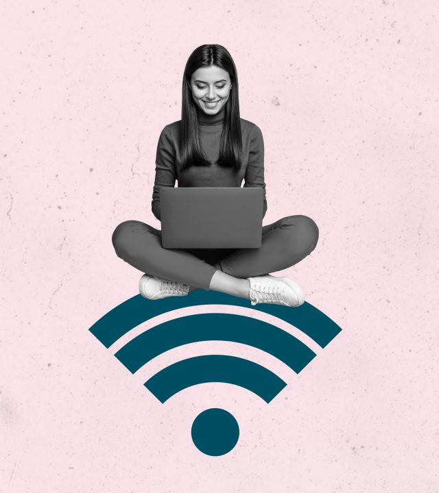 Vertical photo collage of happy girl freelancer sit wifi stripes emblem 5g connection network technology isolated on painted background.